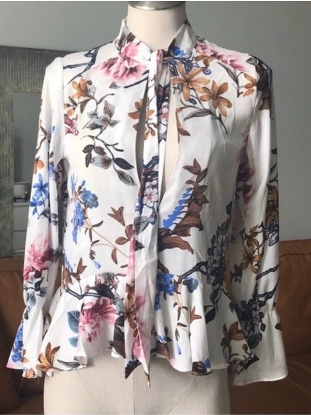Boohoo White Floral Tie-Neck Blouse with Pink & Blue Accents
